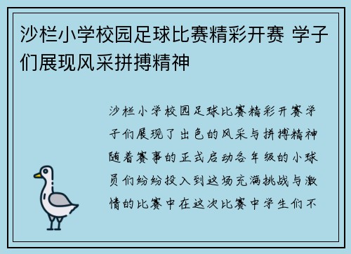 沙栏小学校园足球比赛精彩开赛 学子们展现风采拼搏精神