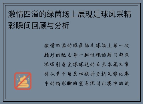 激情四溢的绿茵场上展现足球风采精彩瞬间回顾与分析