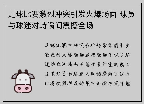足球比赛激烈冲突引发火爆场面 球员与球迷对峙瞬间震撼全场