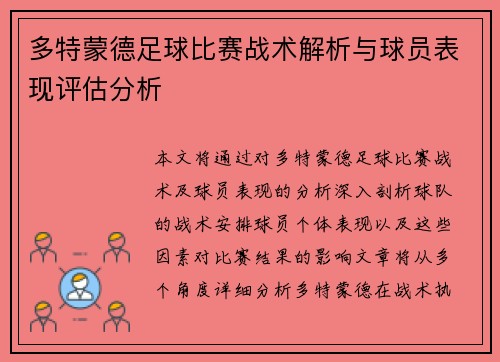 多特蒙德足球比赛战术解析与球员表现评估分析