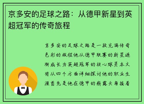 京多安的足球之路：从德甲新星到英超冠军的传奇旅程