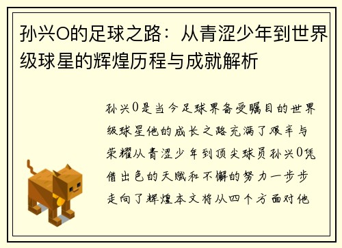 孙兴O的足球之路：从青涩少年到世界级球星的辉煌历程与成就解析