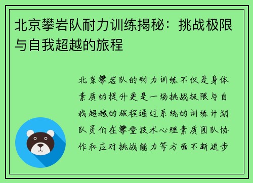 北京攀岩队耐力训练揭秘：挑战极限与自我超越的旅程