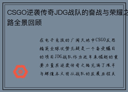 CSGO逆袭传奇JDG战队的奋战与荣耀之路全景回顾