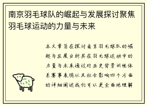 南京羽毛球队的崛起与发展探讨聚焦羽毛球运动的力量与未来